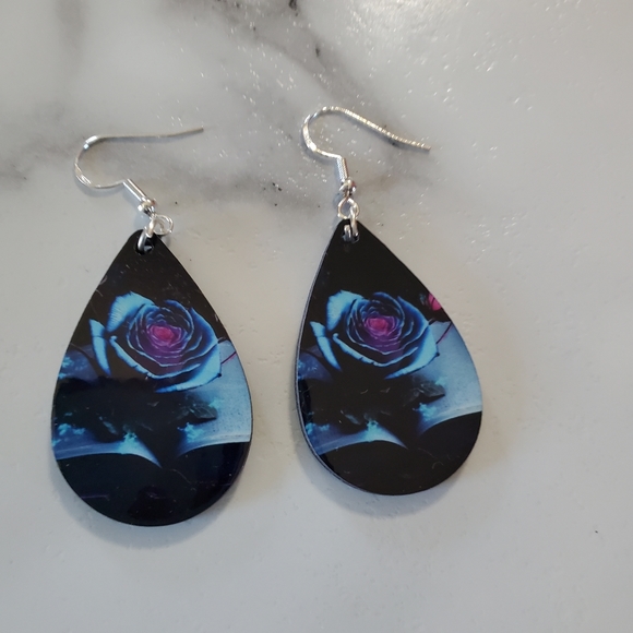 Blue Rose on Book Teardrop Earrings - Picture 6 of 8